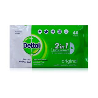 Dettol Original 2-in-1 Antibacterial Skin & Surface Wipes - 40 Wipes